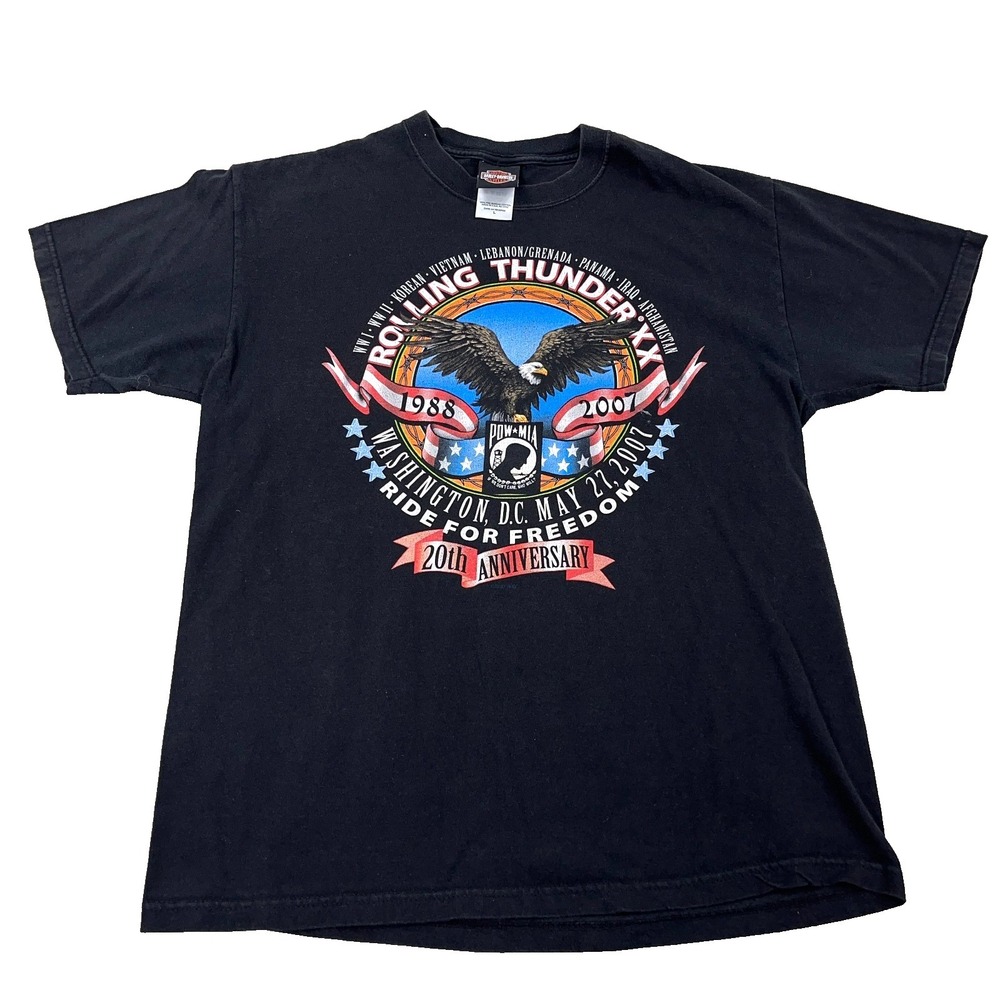 Harley Davidson Shirt Men Large Black Tee Rolling Thunder Ride Biker Y2K Pow Mia